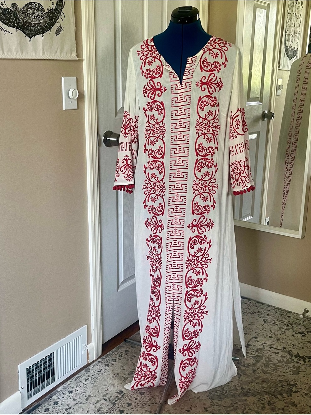 Red and white semi sheer embroidered caftan cover up, super cute Pom Pom sleeves - Picture 3 of 10